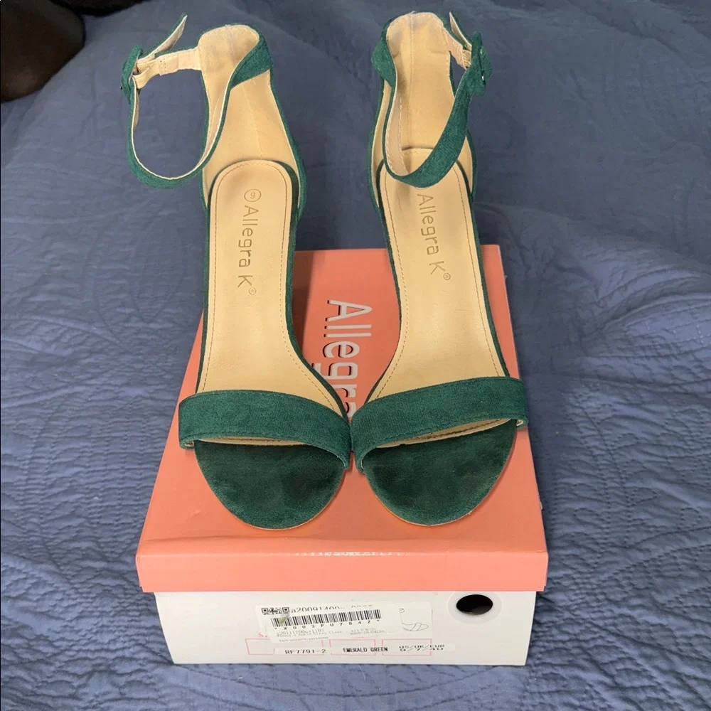 Allegra K Teal Green Suede Ankle Strap Block Heels - Picture 1 of 7